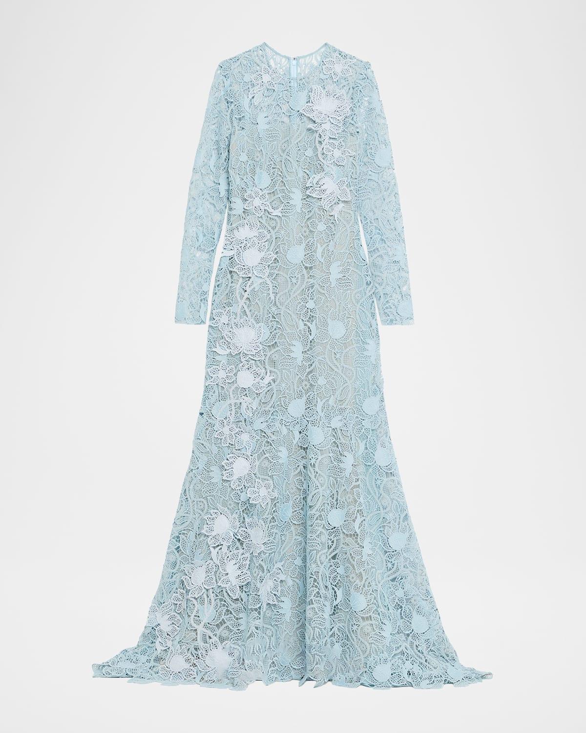 long-sleeve corded botanical guipure gown
