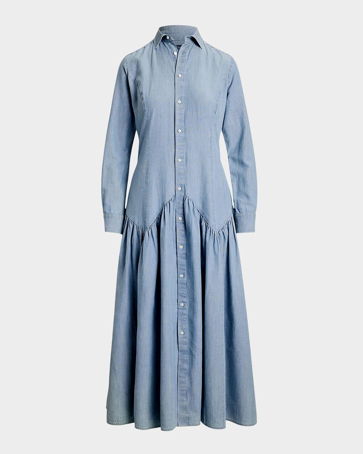 long-sleeve cotton-linen chambray shirtdress