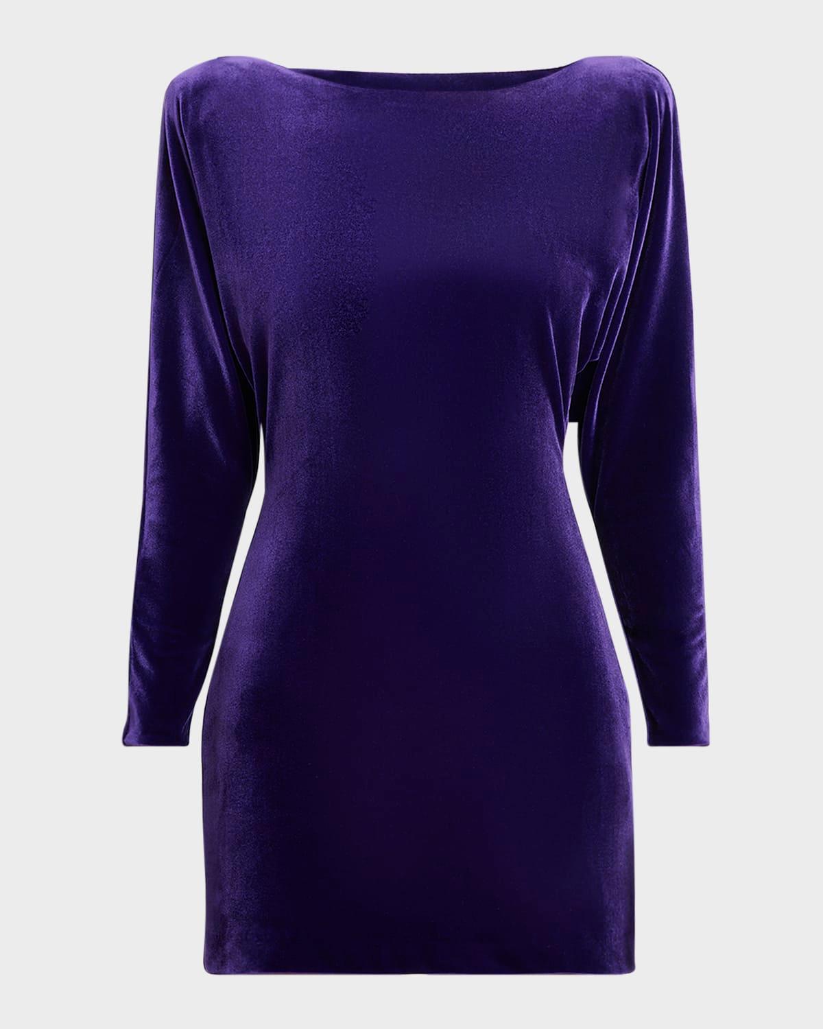 long-sleeve cowl backless velvet mini dress