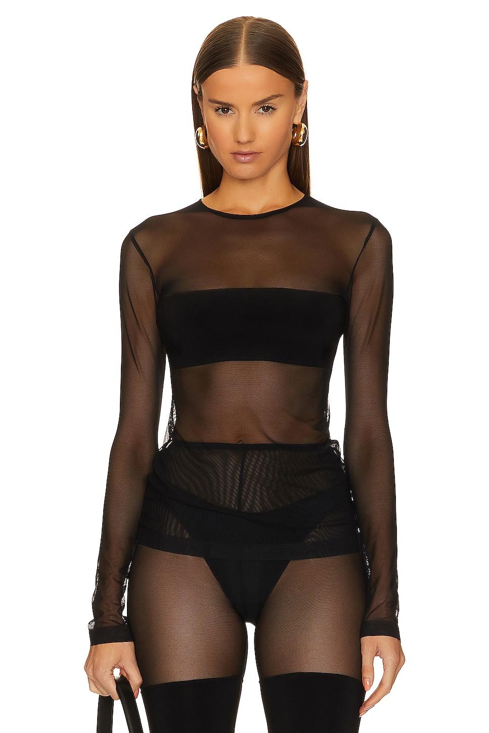 long sleeve crewneck dash applique top in black & mesh