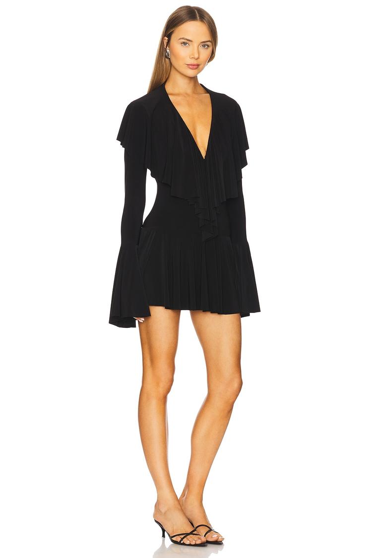 long sleeve deep v ruffle mini dress