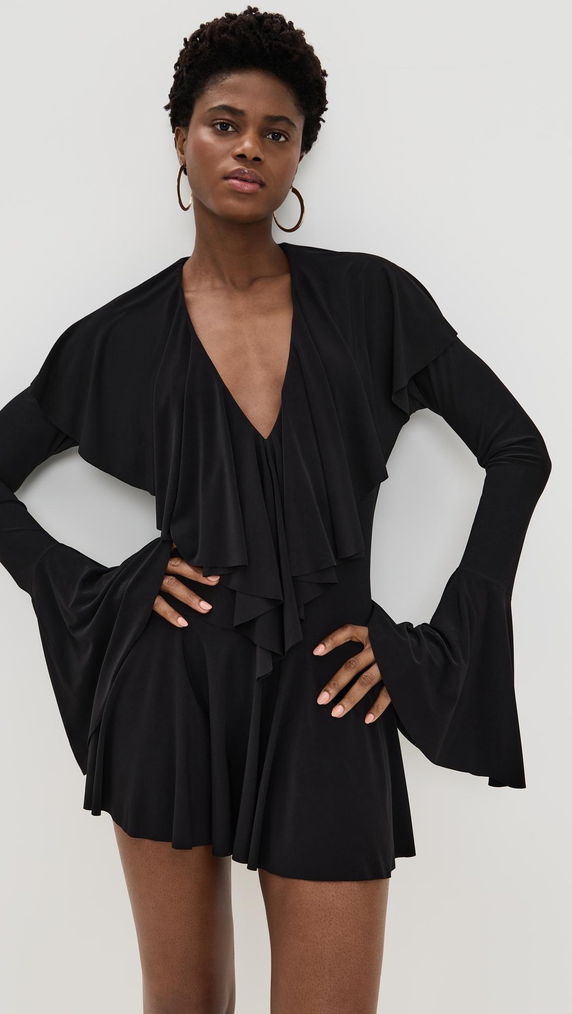 long sleeve deep v ruffle mini dress