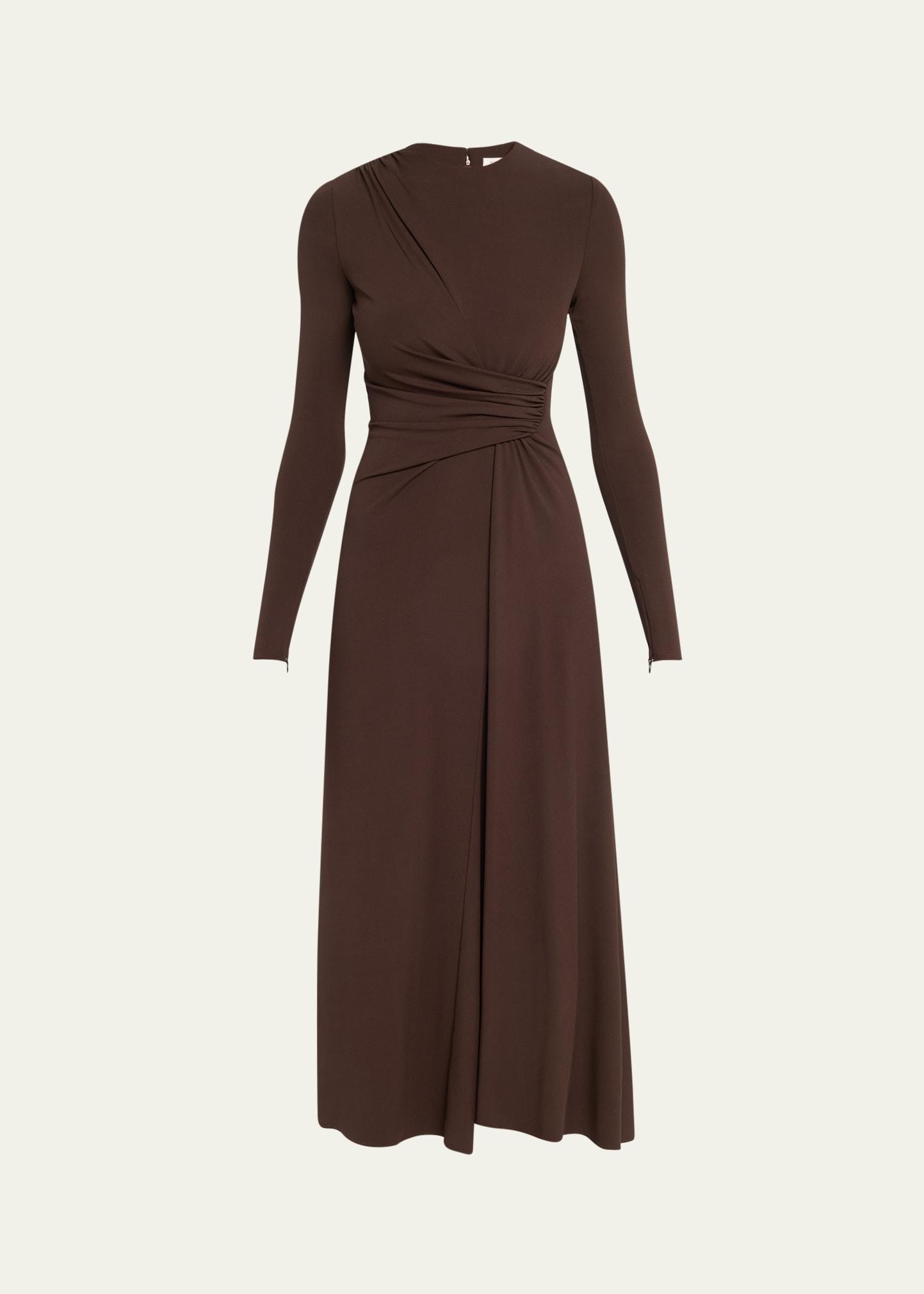long-sleeve draped sarong midi dress