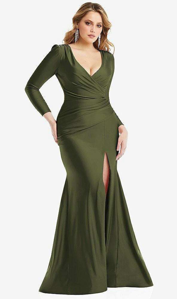 long sleeve draped wrap stretch satin mermaid dress with slight train