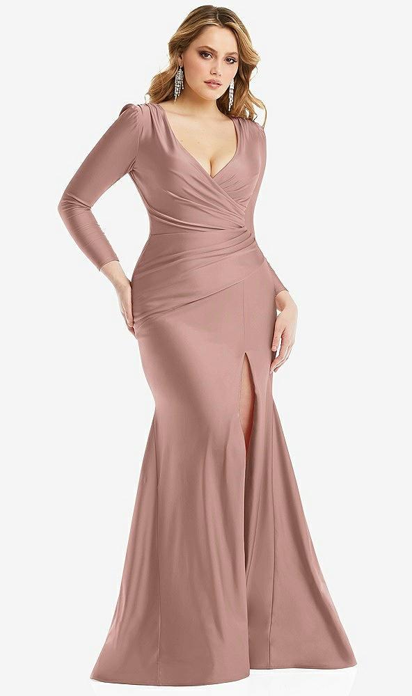 long sleeve draped wrap stretch satin mermaid dress with slight train