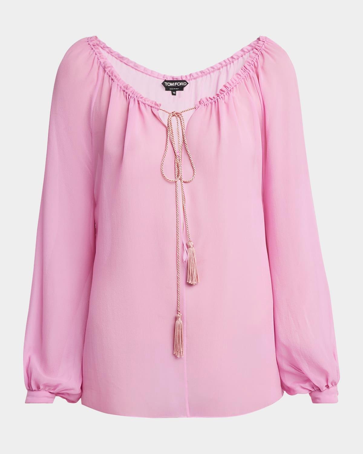 long-sleeve drawstring silk georgette blouse