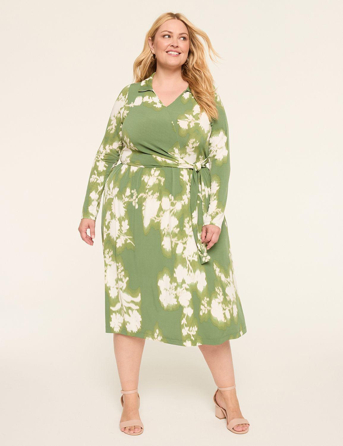 long-sleeve faux-wrap jersey dress