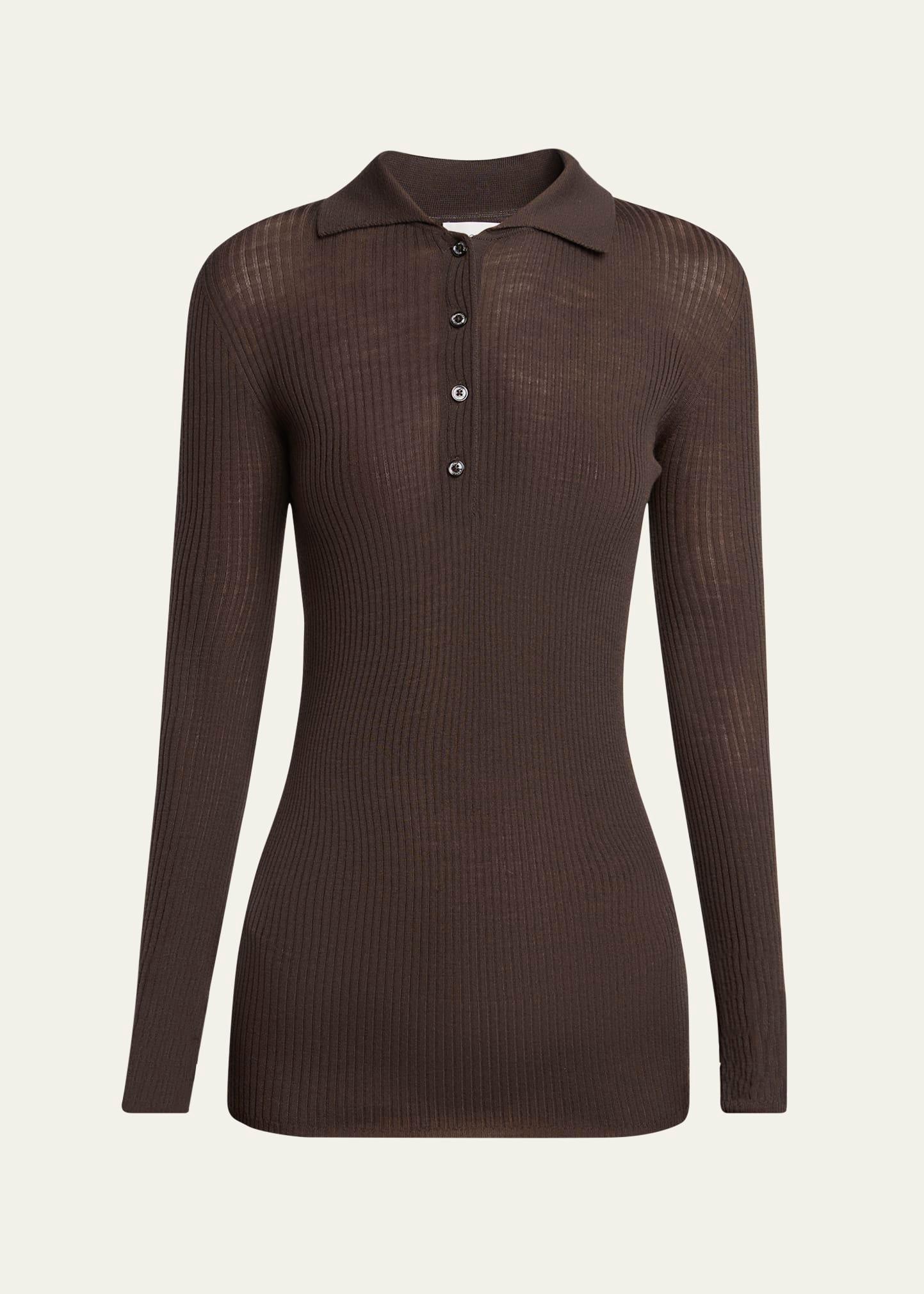 long-sleeve fine rib polo top