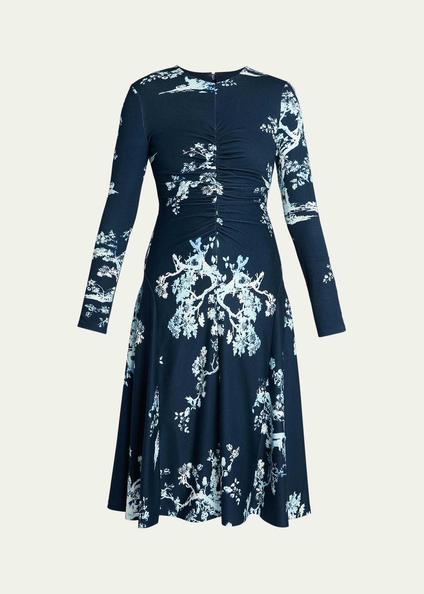 long-sleeve floral draped midi dress