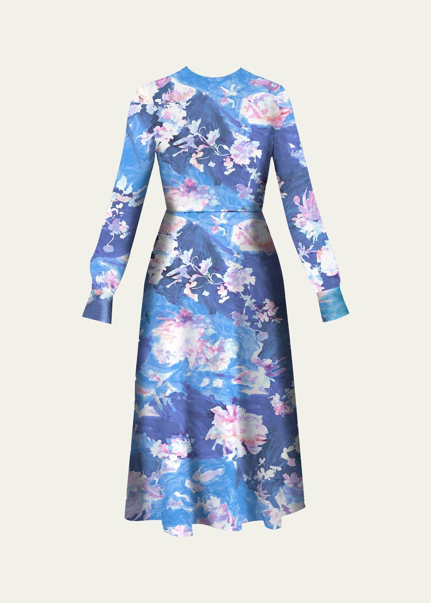long-sleeve floral midi cocktail dress