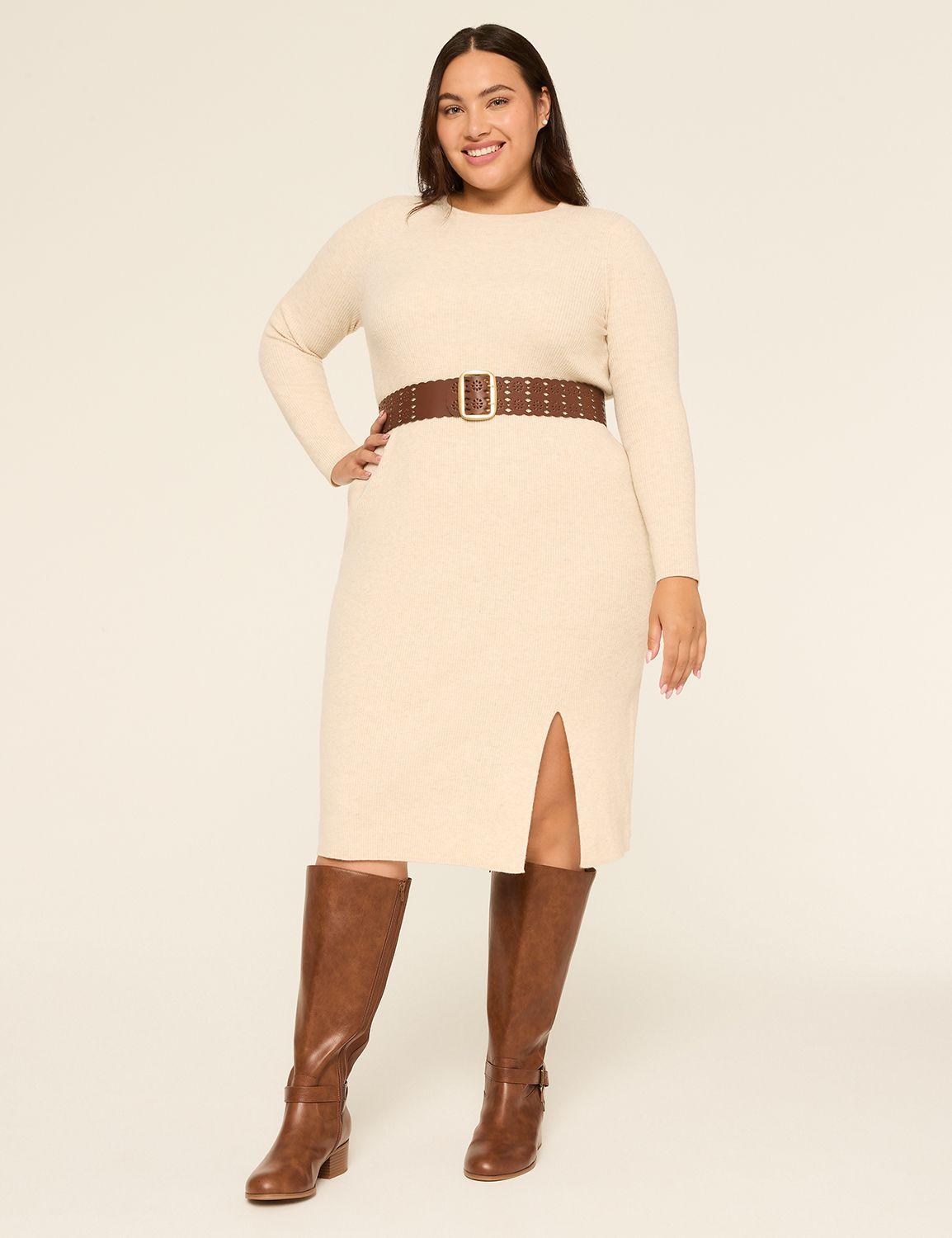 long-sleeve front-slit rib sweater dress