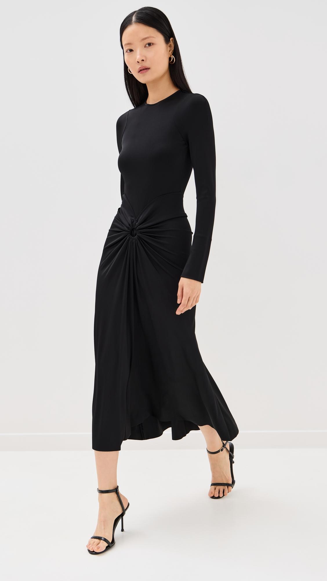 long sleeve gathered midi dress