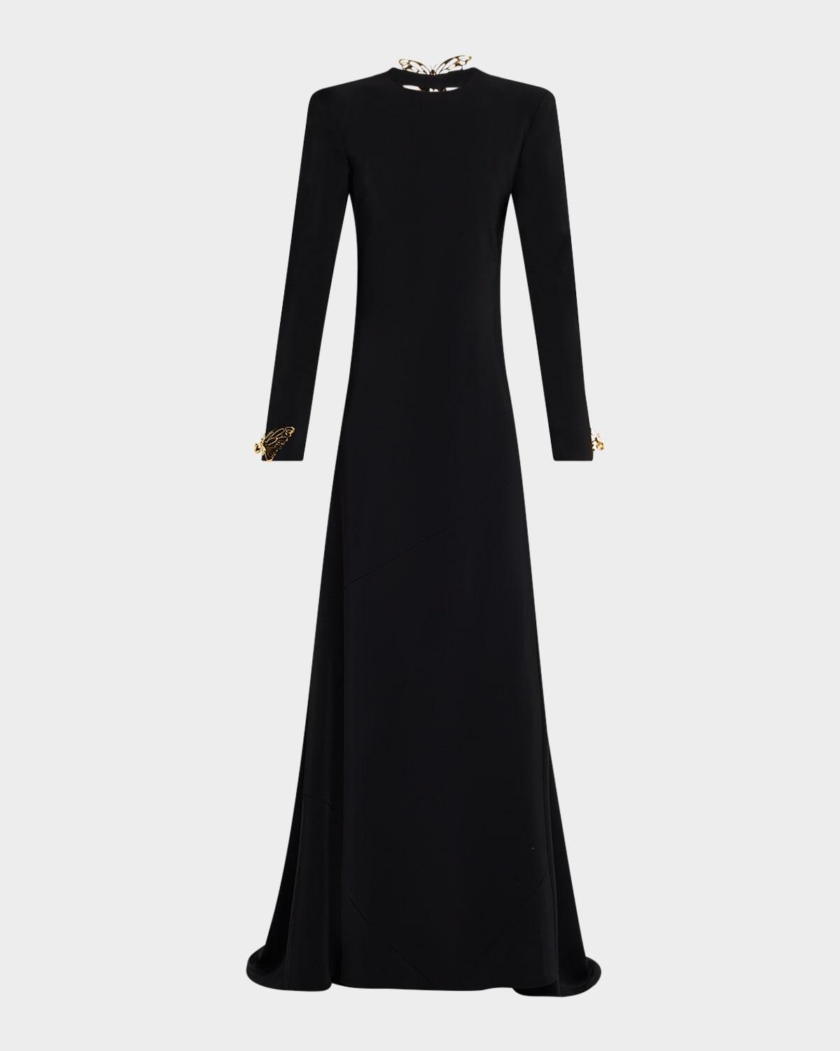 long-sleeve keyhole back gown with butterfly details