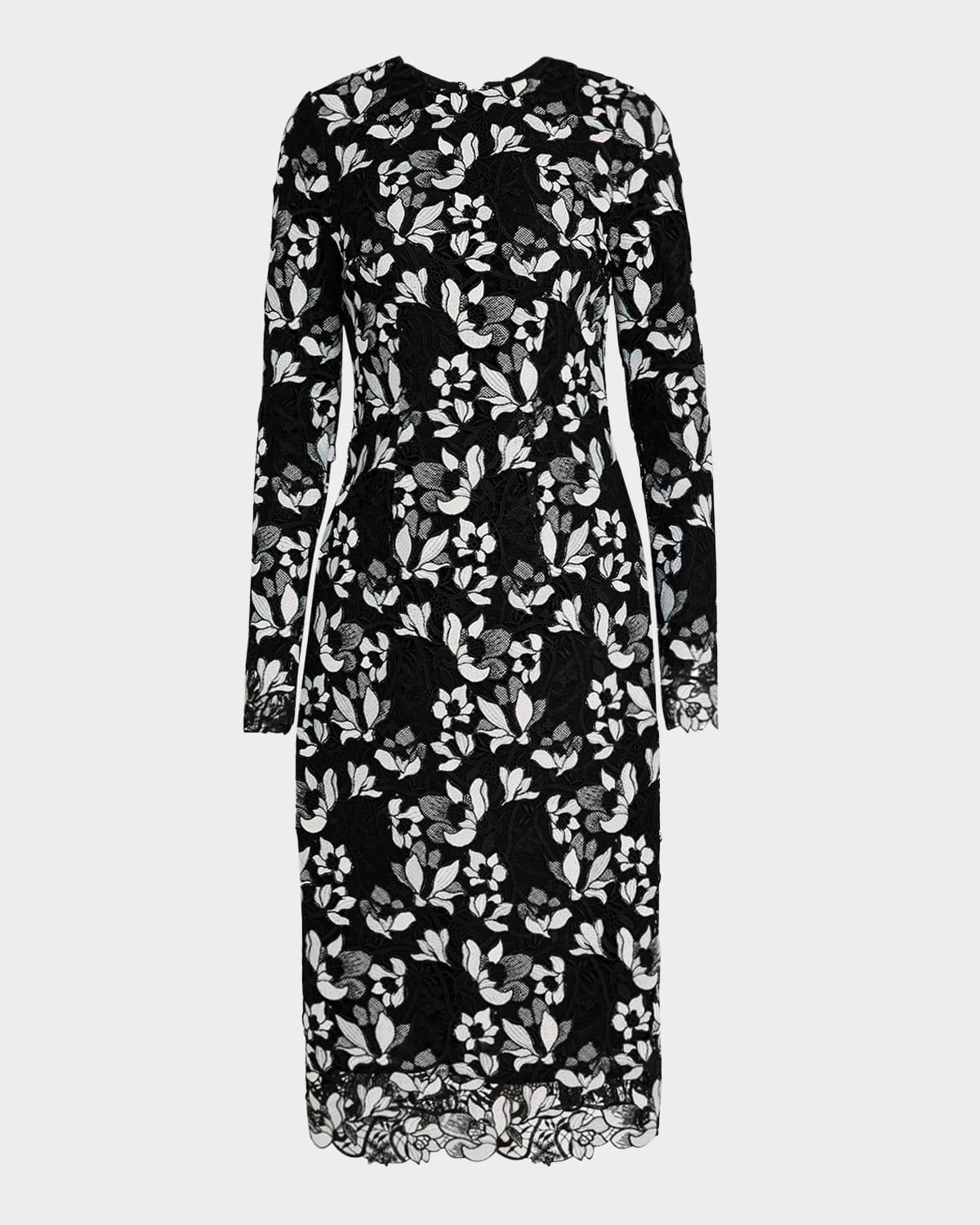 long-sleeve lace sheath midi dress