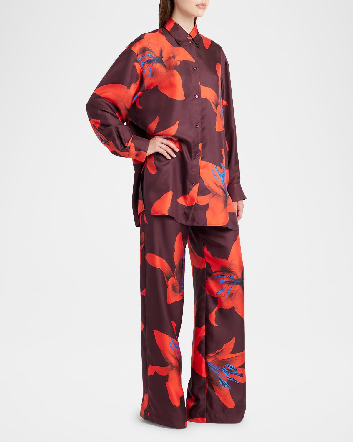 long-sleeve lily-print silk button-down shirt