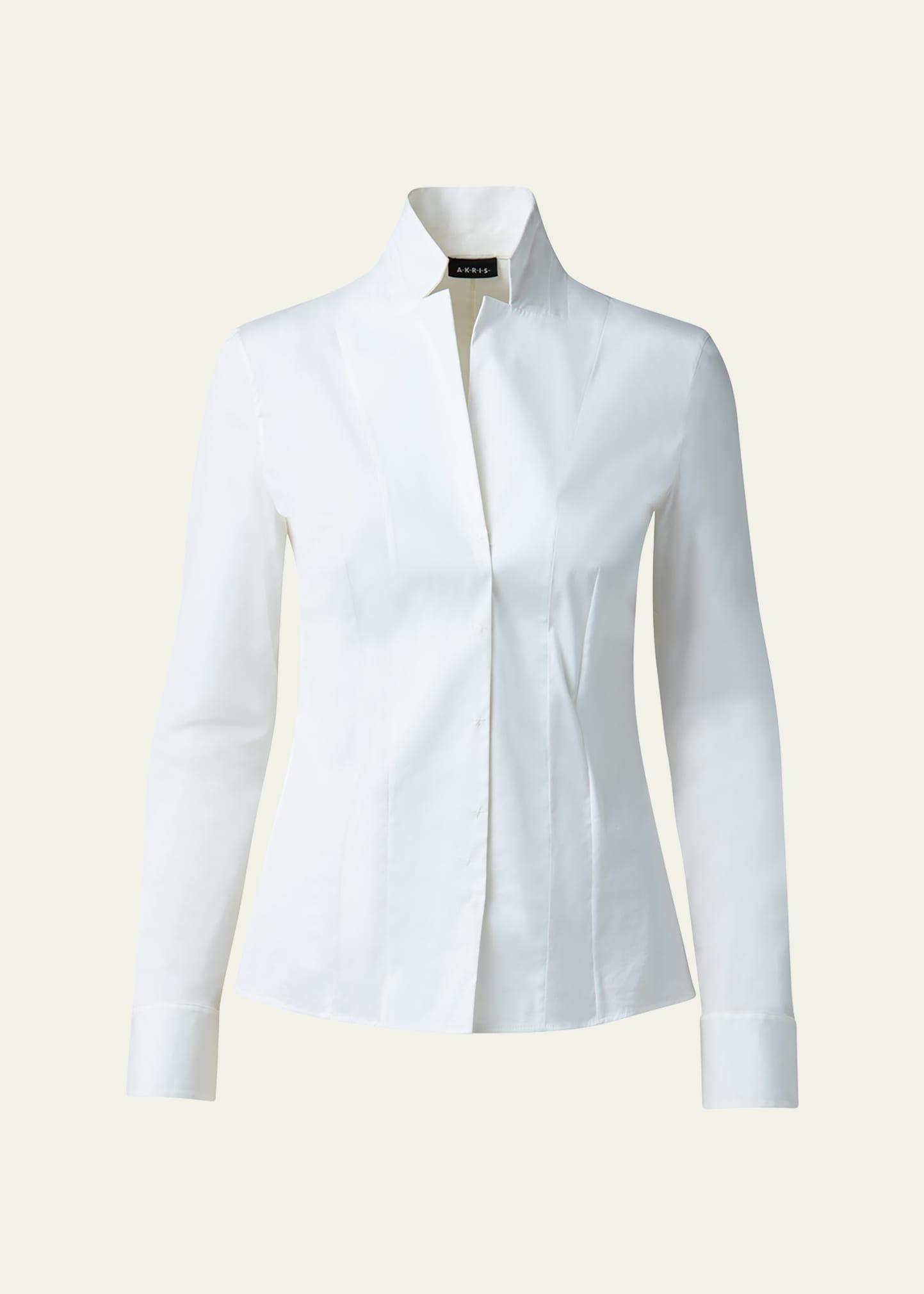 long-sleeve notched-collar poplin blouse