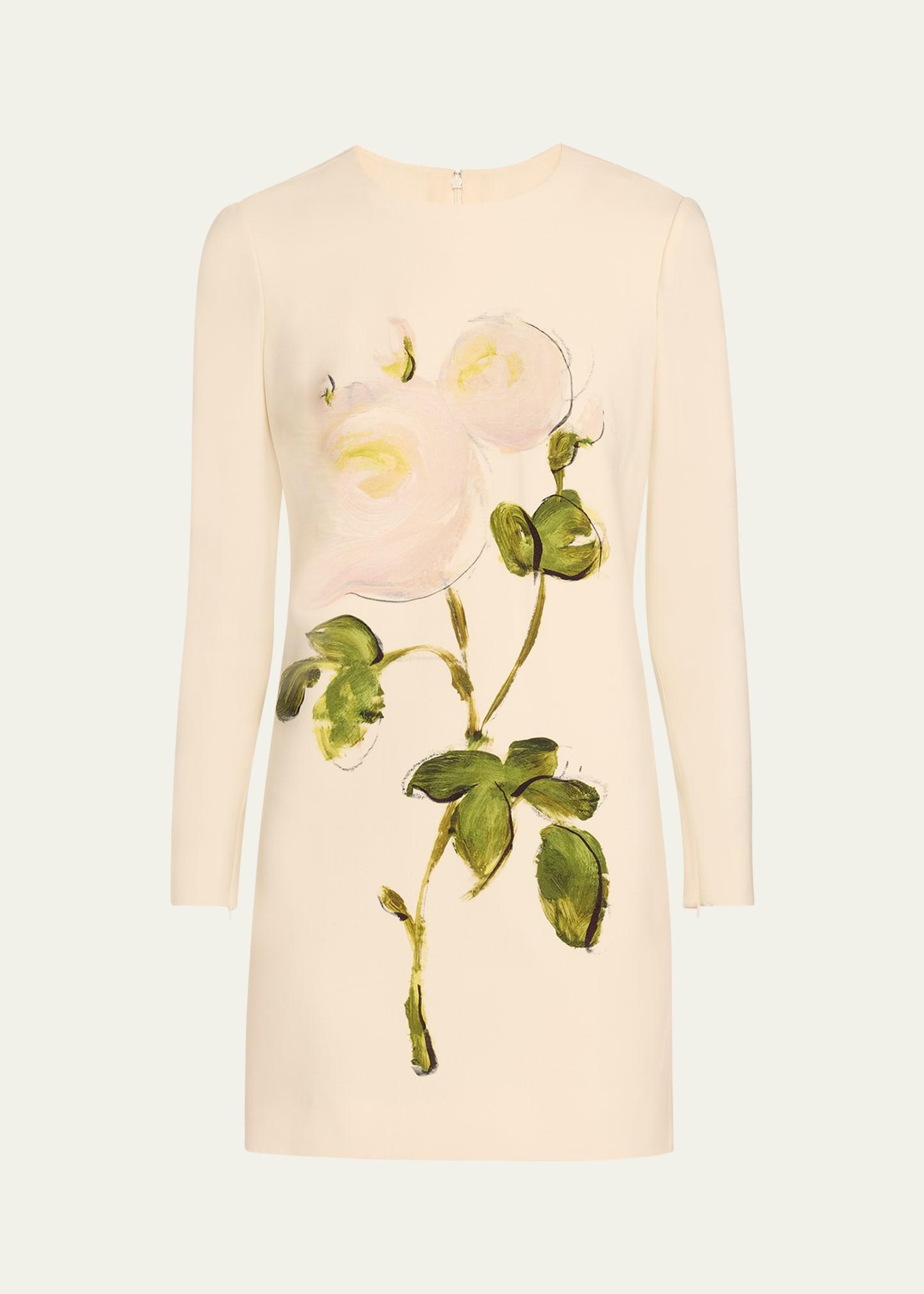 long-sleeve painted roses wool mini dress