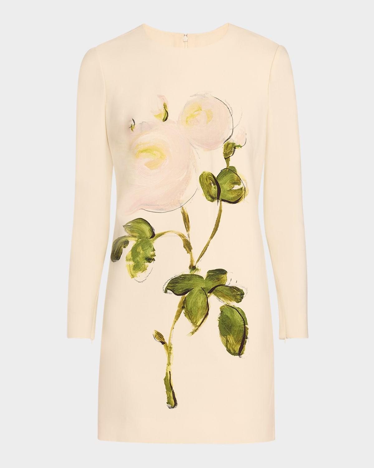 long-sleeve painted roses wool mini dress