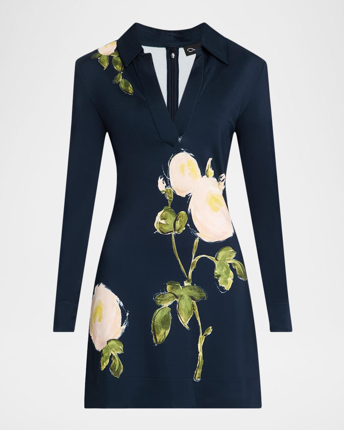 long-sleeve painted white roses milano jersey mini dress