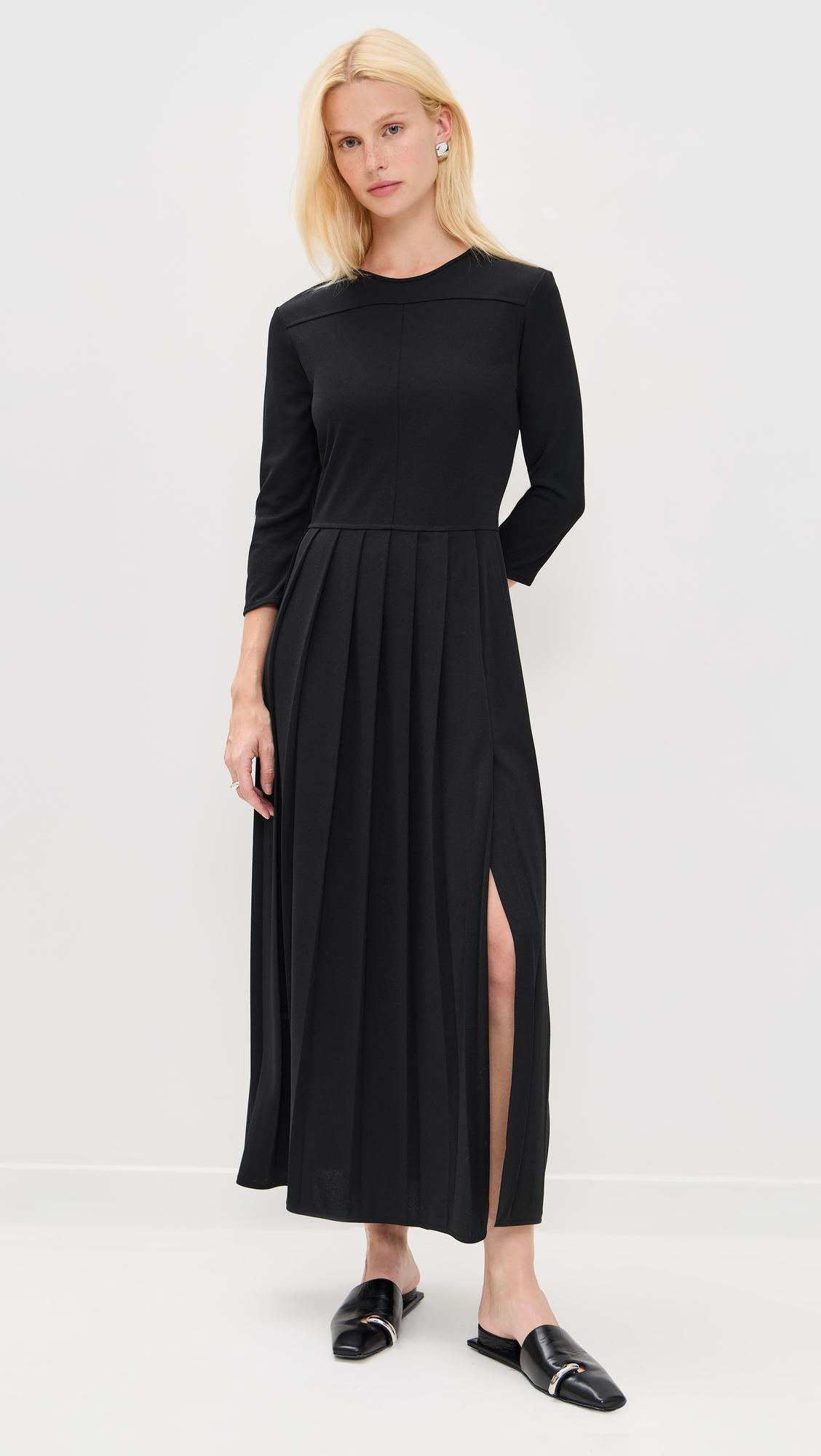 long sleeve pleat midi dress