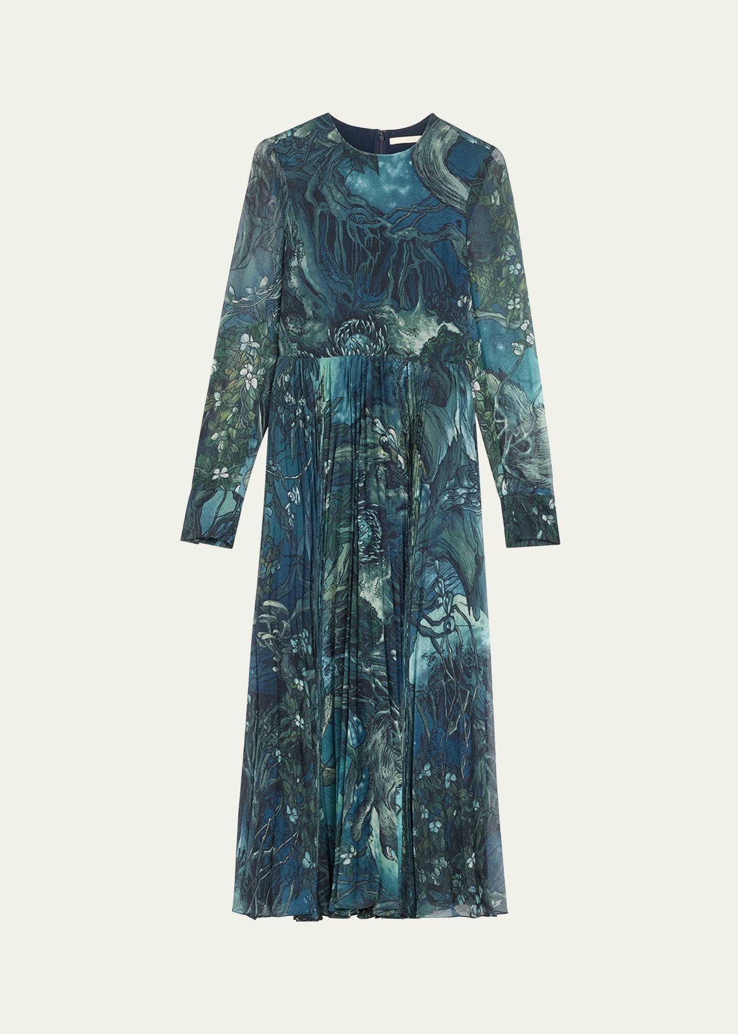 long-sleeve pleated chiffon midi dress