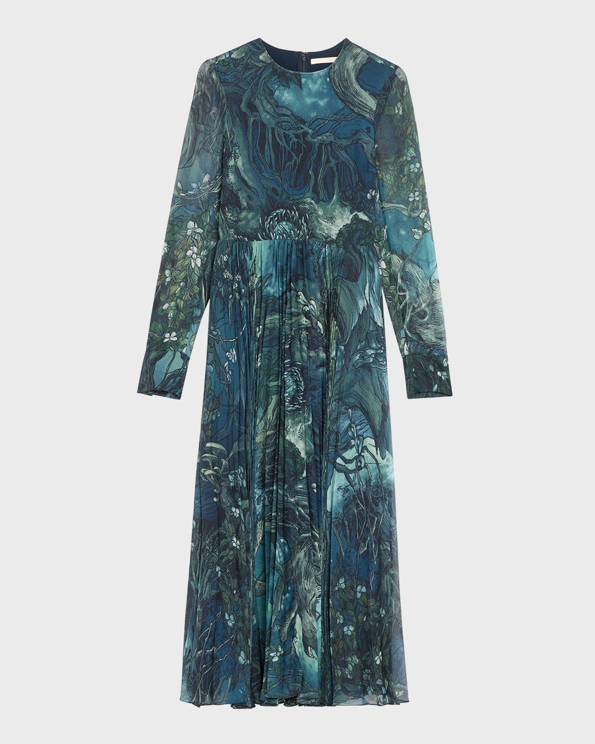long-sleeve pleated chiffon midi dress