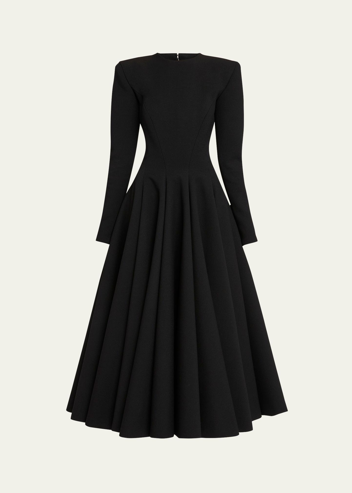long-sleeve pleated-skirt midi dress