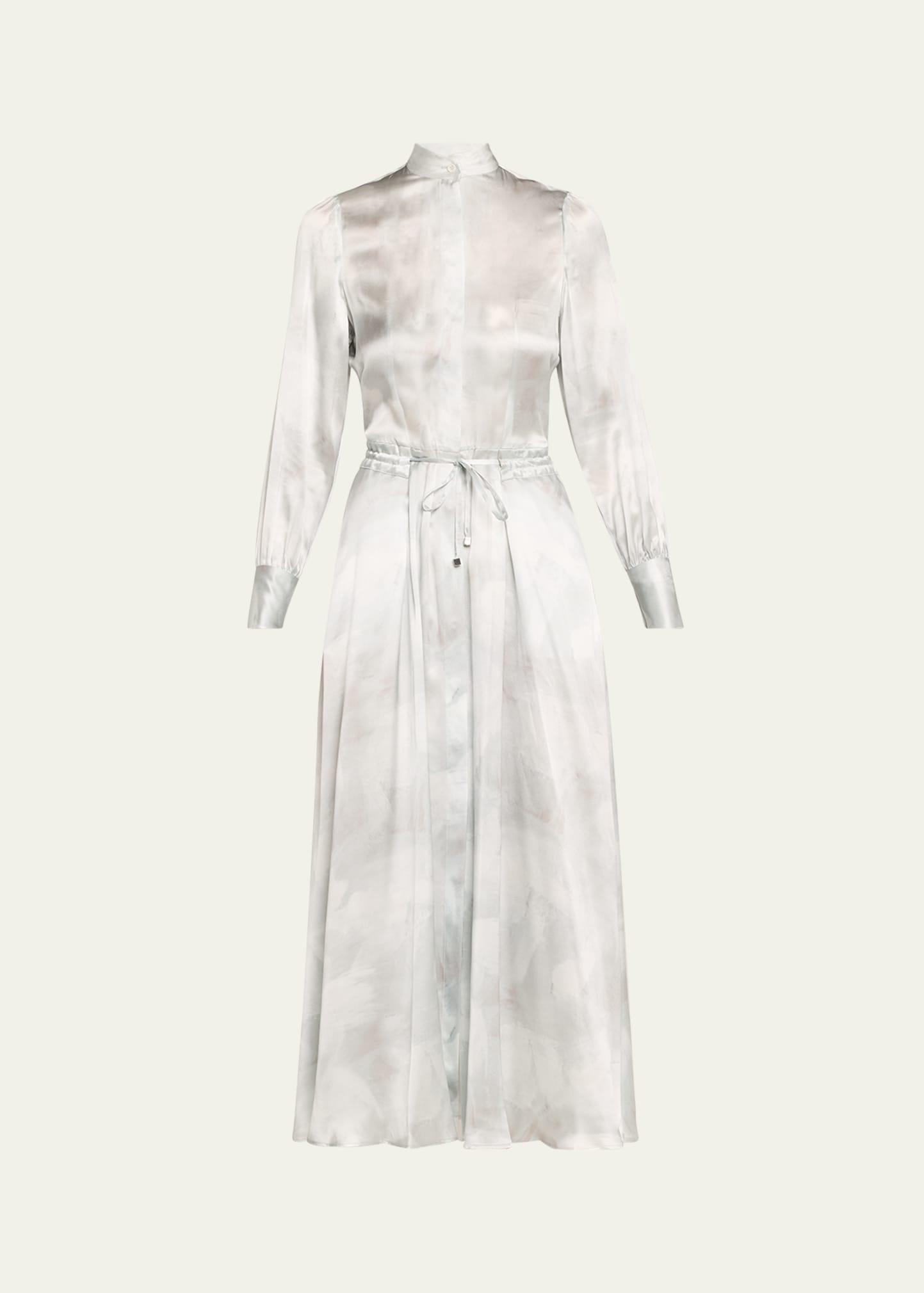 long sleeve printed drawstring silk dress
