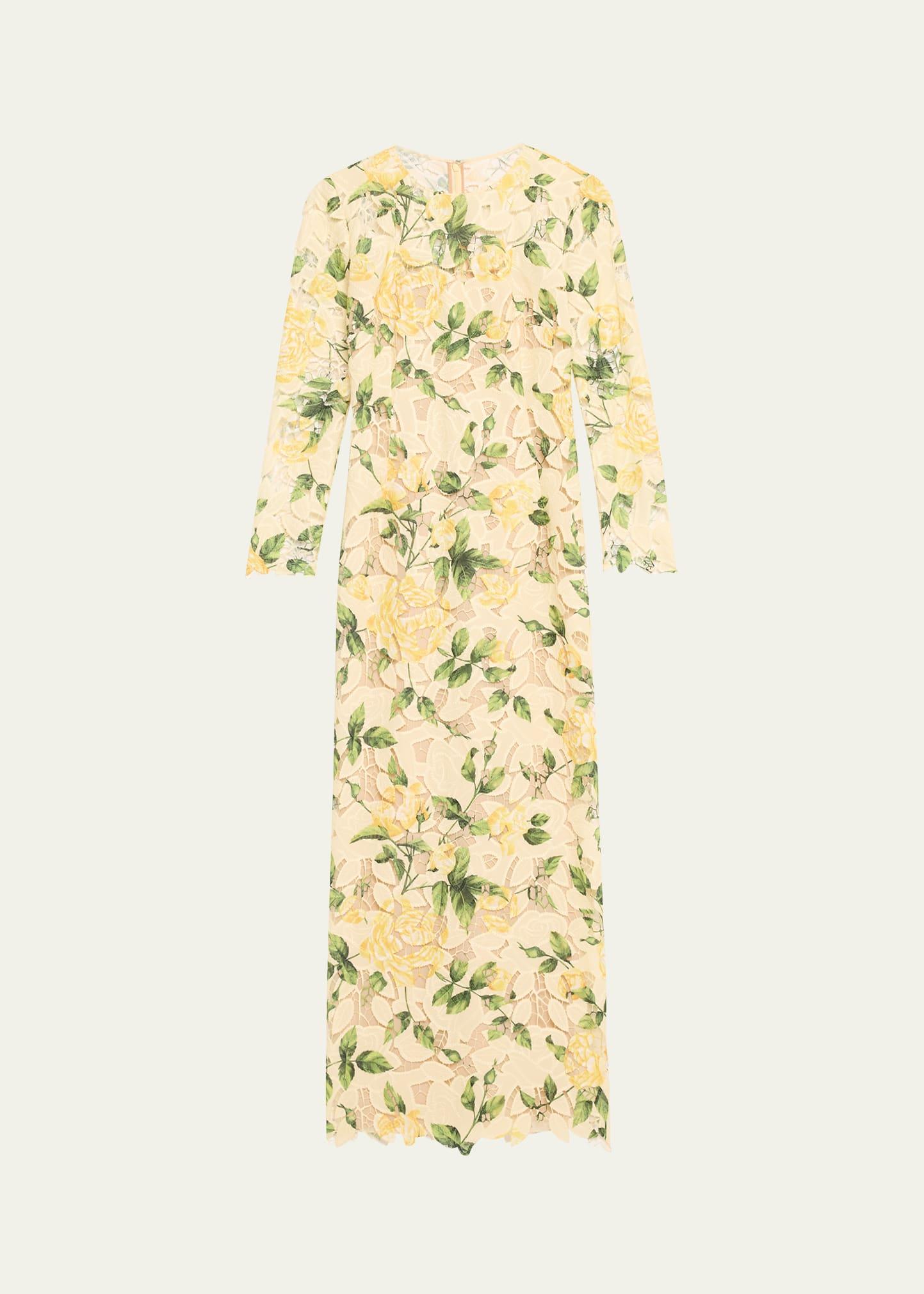 long-sleeve printed garden rose guipure maxi dress