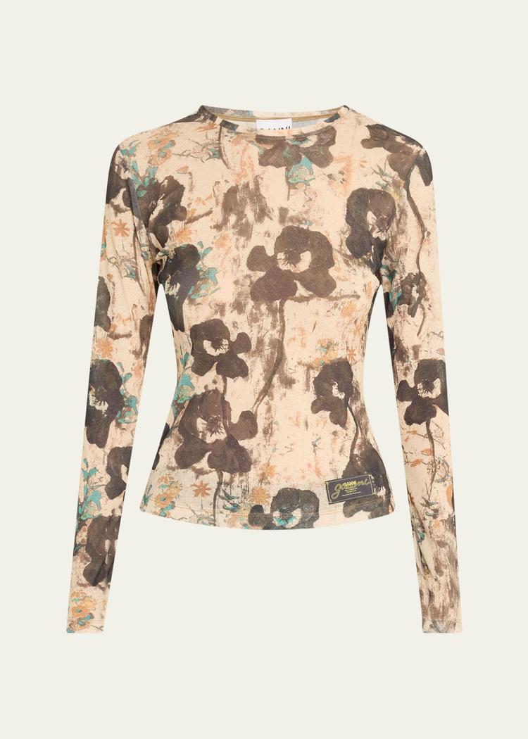 long-sleeve printed mesh top