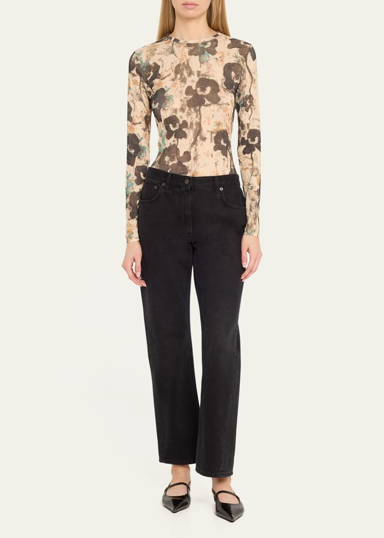 long-sleeve printed mesh top