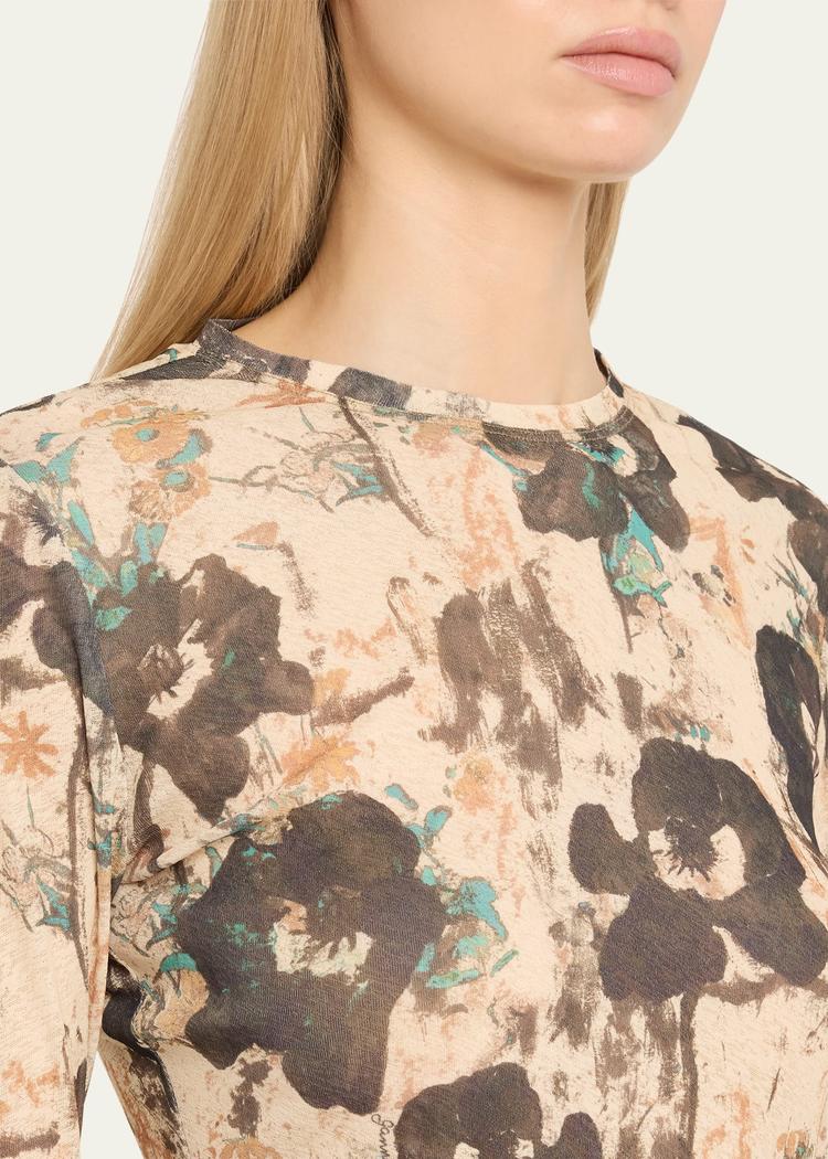 long-sleeve printed mesh top