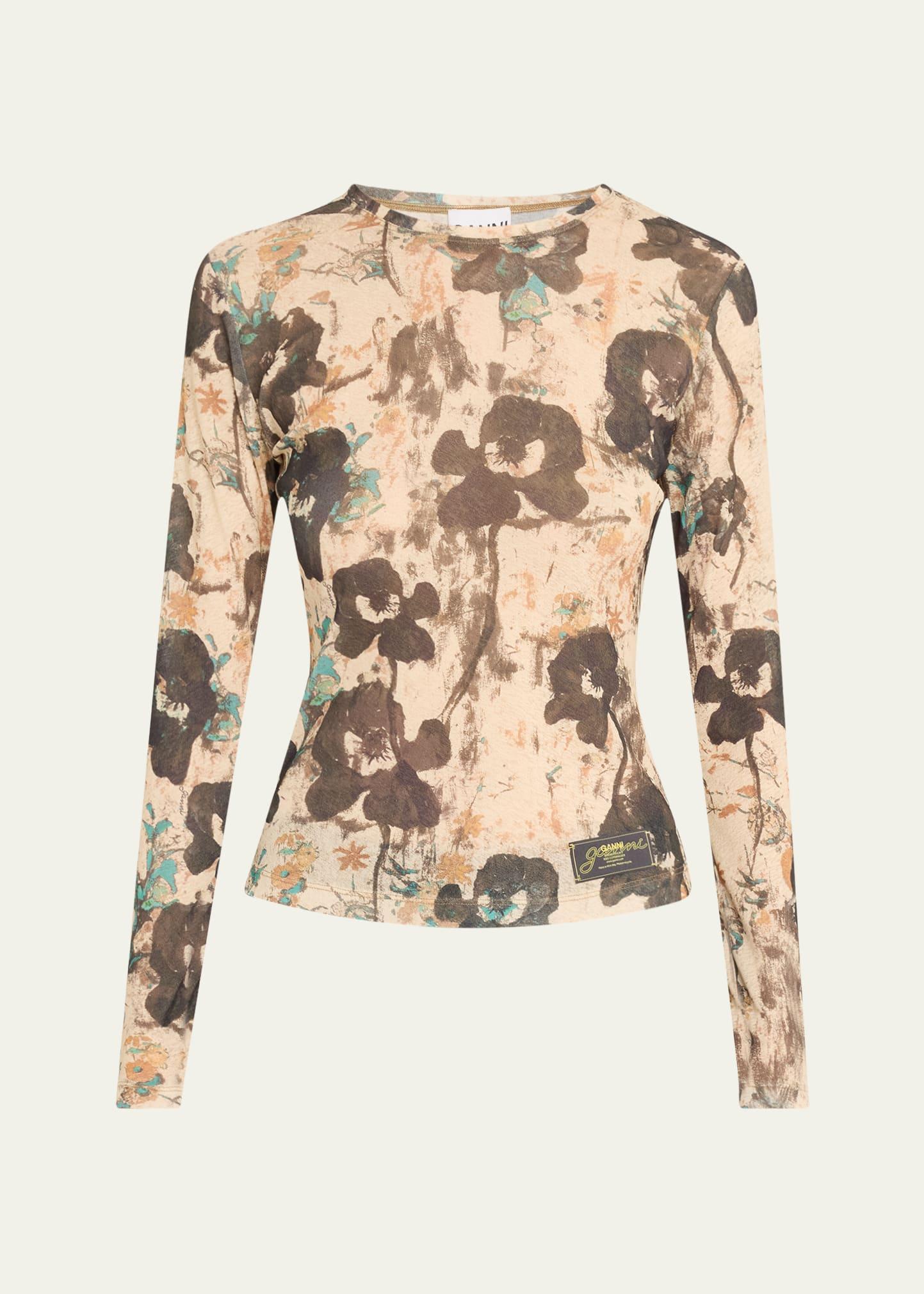long-sleeve printed mesh top