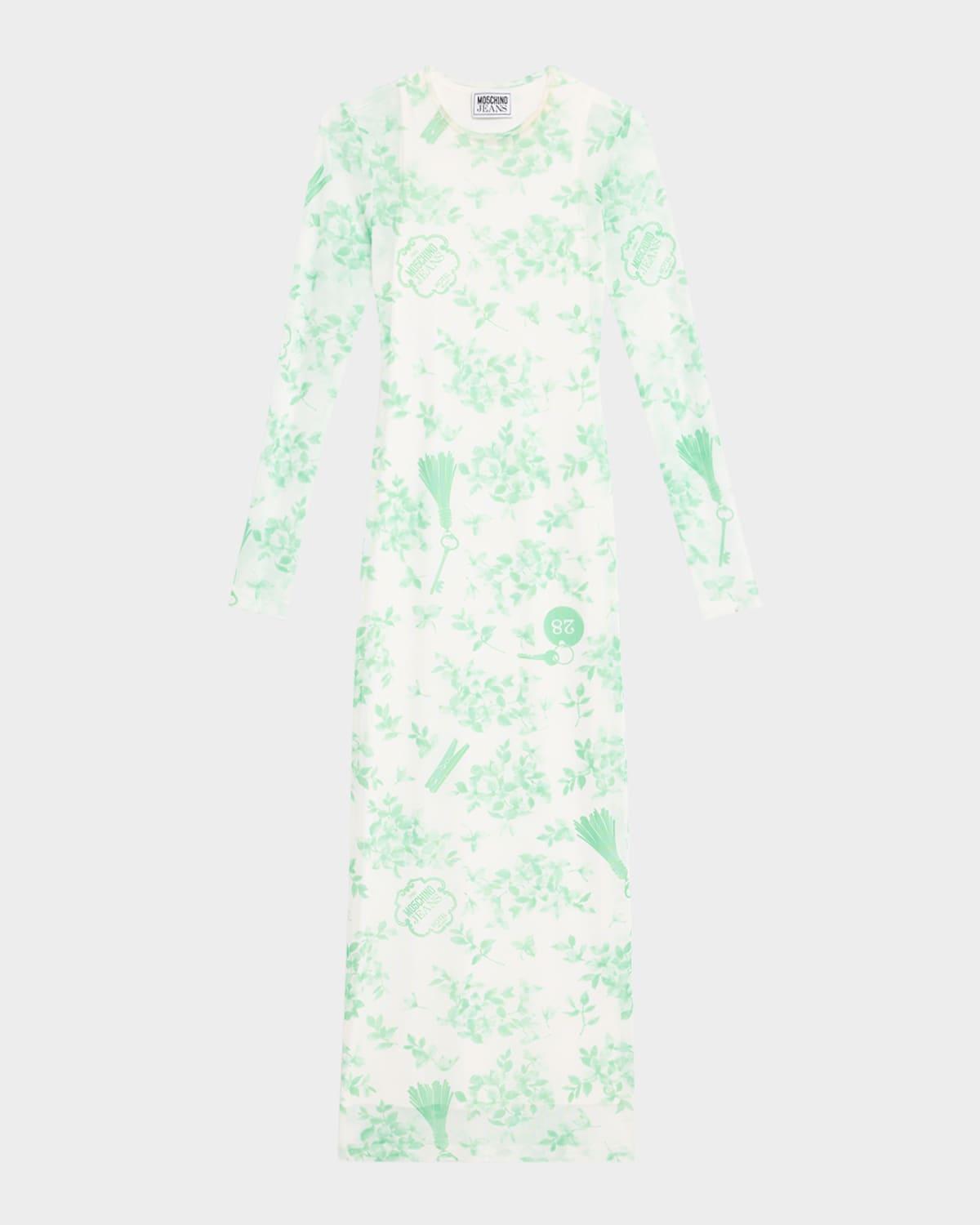 long-sleeve printed tulle dress