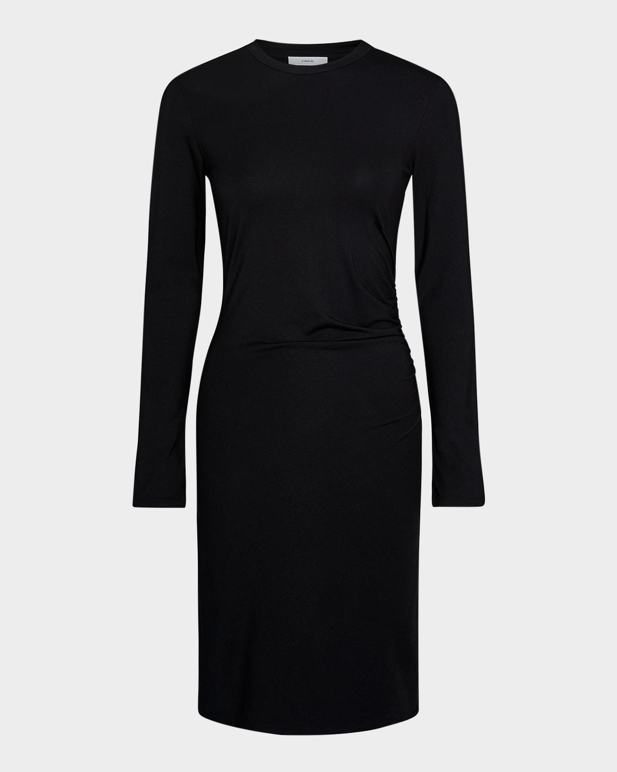long-sleeve ruched crewneck dress