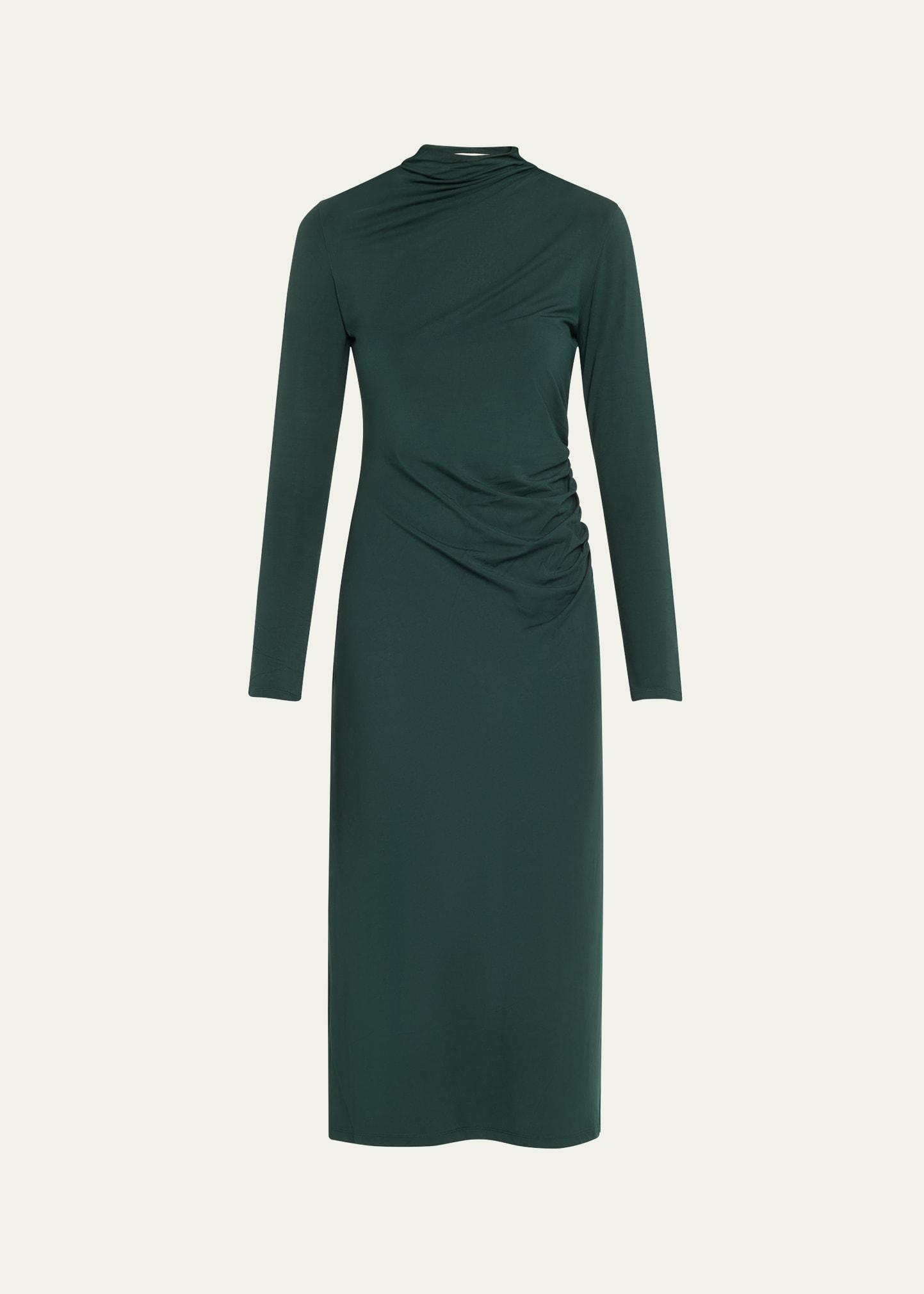 long-sleeve ruched turtleneck midi dress