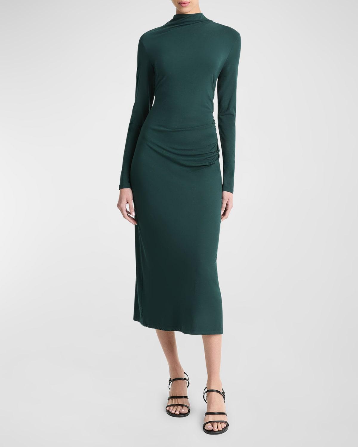 long-sleeve ruched turtleneck midi dress