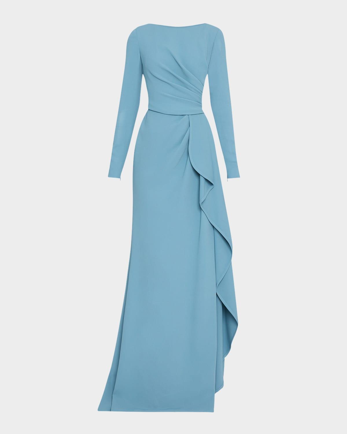 long-sleeve ruffle-slit cady gown