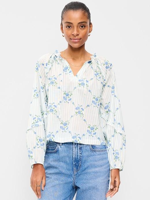 long-sleeve ruffle trim top