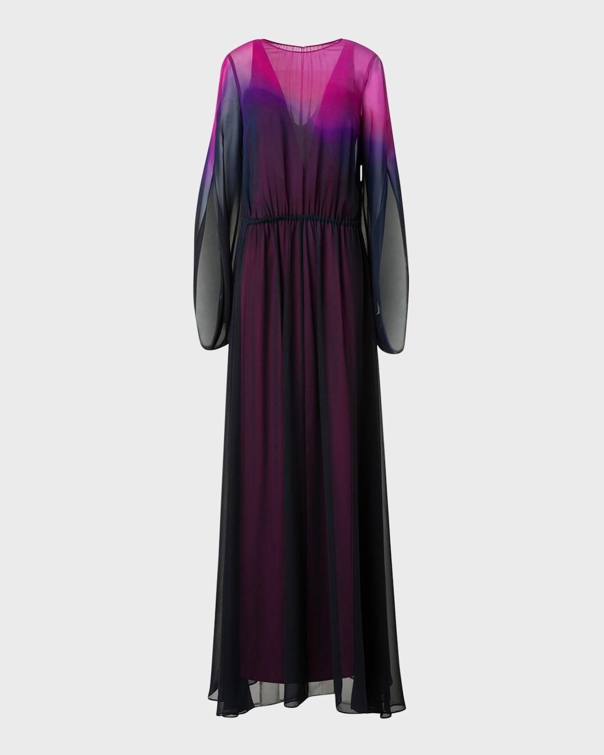 long-sleeve sheer silk georgette gown