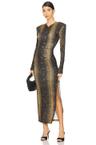 long sleeve shoulder pad side slit gown