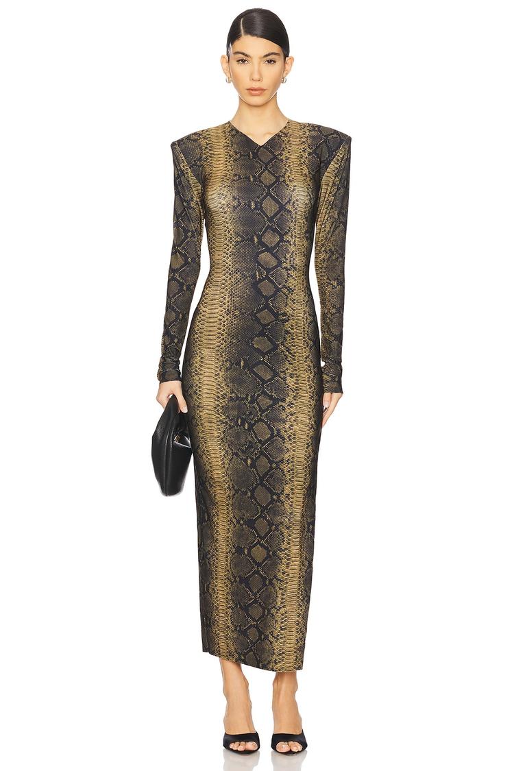 long sleeve shoulder pad side slit gown