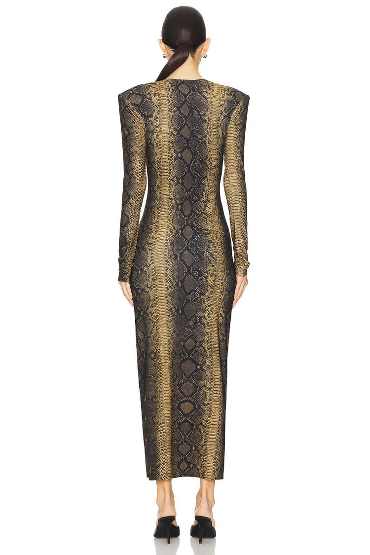long sleeve shoulder pad side slit gown