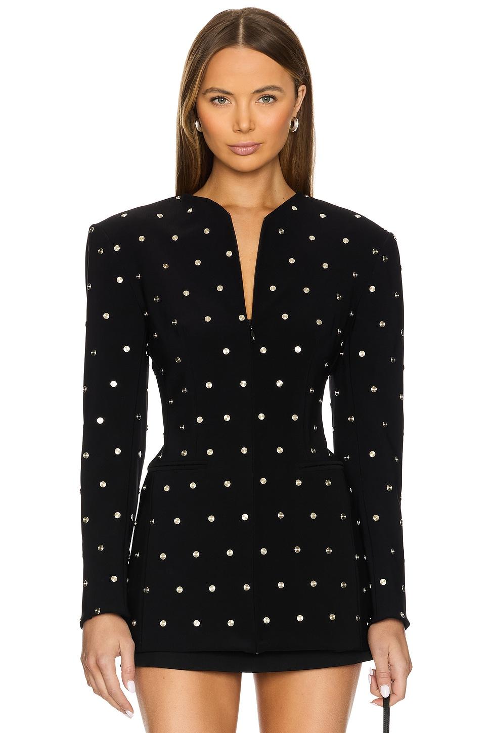 long sleeve shoulder pad v neck zip front jacket