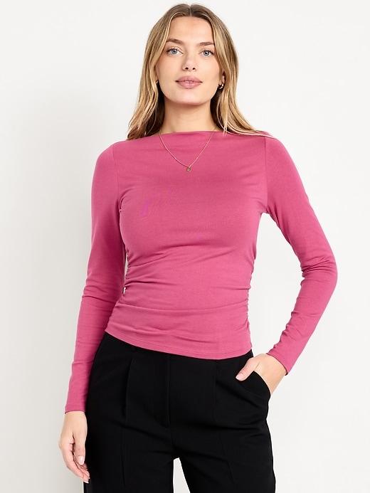 long-sleeve slit-neck ruched top