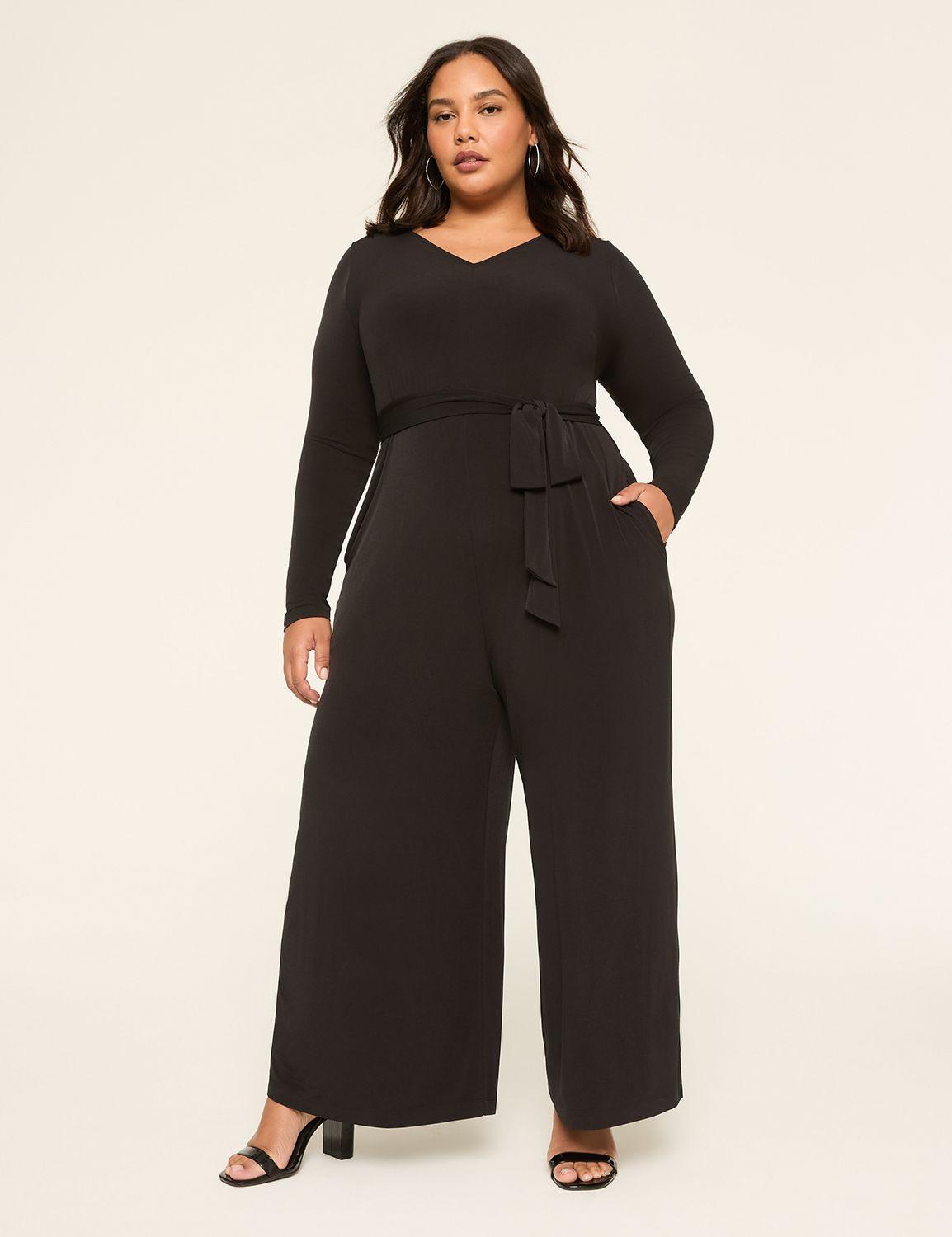 long-sleeve tie-waist wide leg jersey jumpsuit