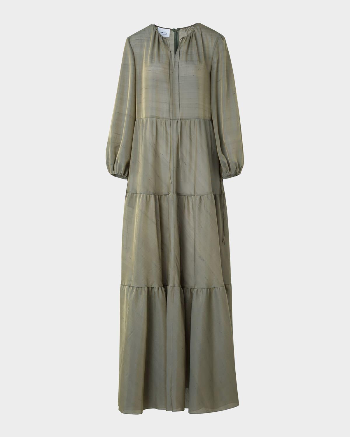 long-sleeve tiered silk batiste a-line maxi dress