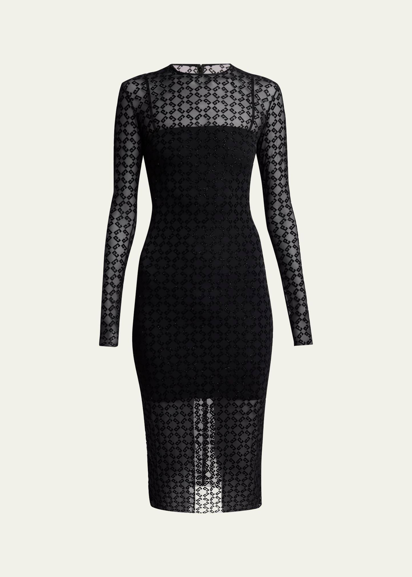 long sleeve tulle monogram midi dress