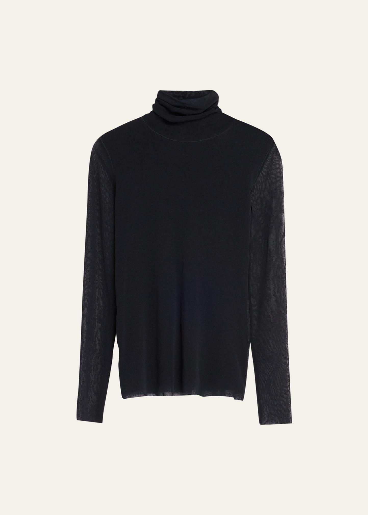 long-sleeve turtleneck tulle blouse