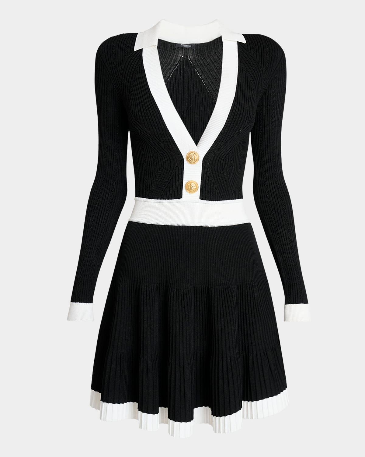 long-sleeve v-neck flared knit dress